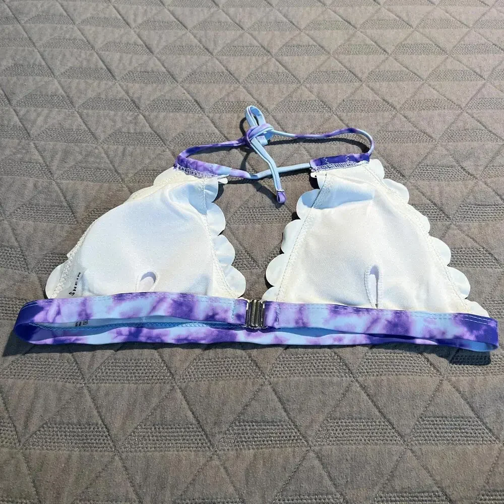 Purple Blue Tie‎ Dye Scalloped Halter Bikini Top Swimsuit Bathing Suit